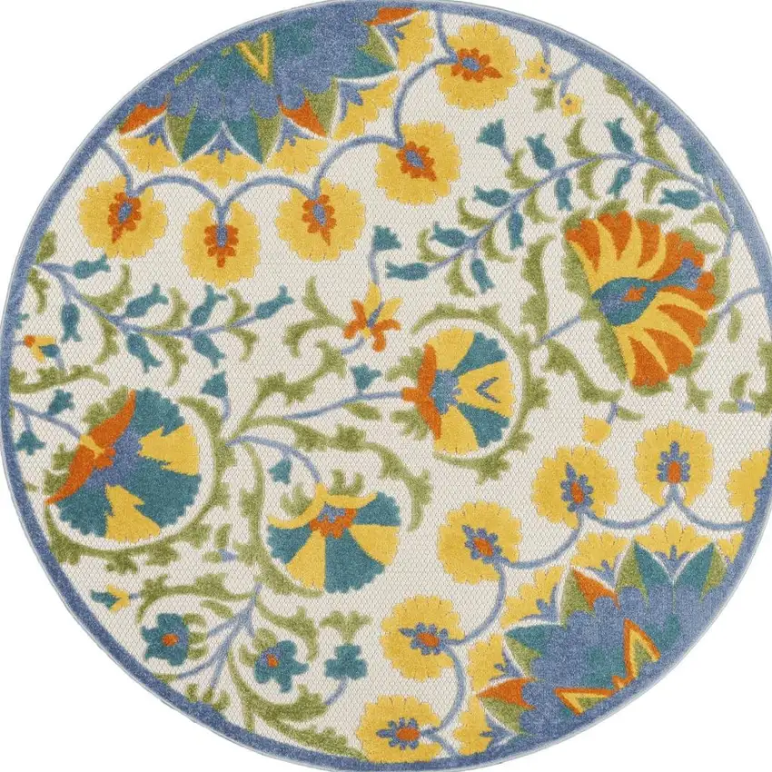 4' Ivory And Blue Round Floral Indoor Outdoor Area Rug Photo 3