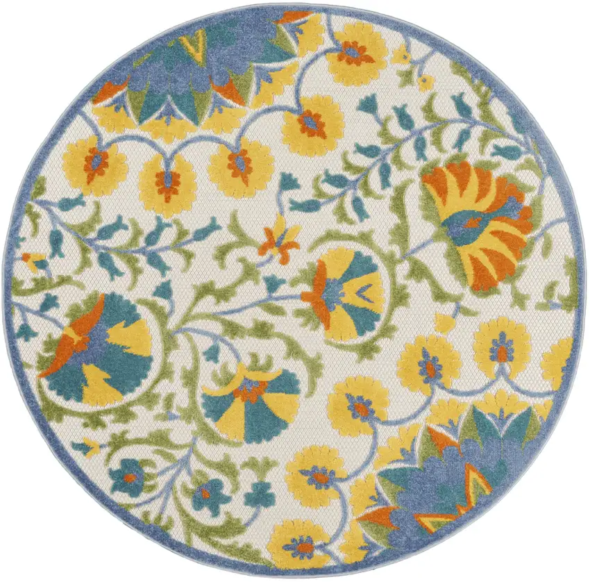 Ivory And Blue Round Floral Indoor Outdoor Area Rug Photo 3