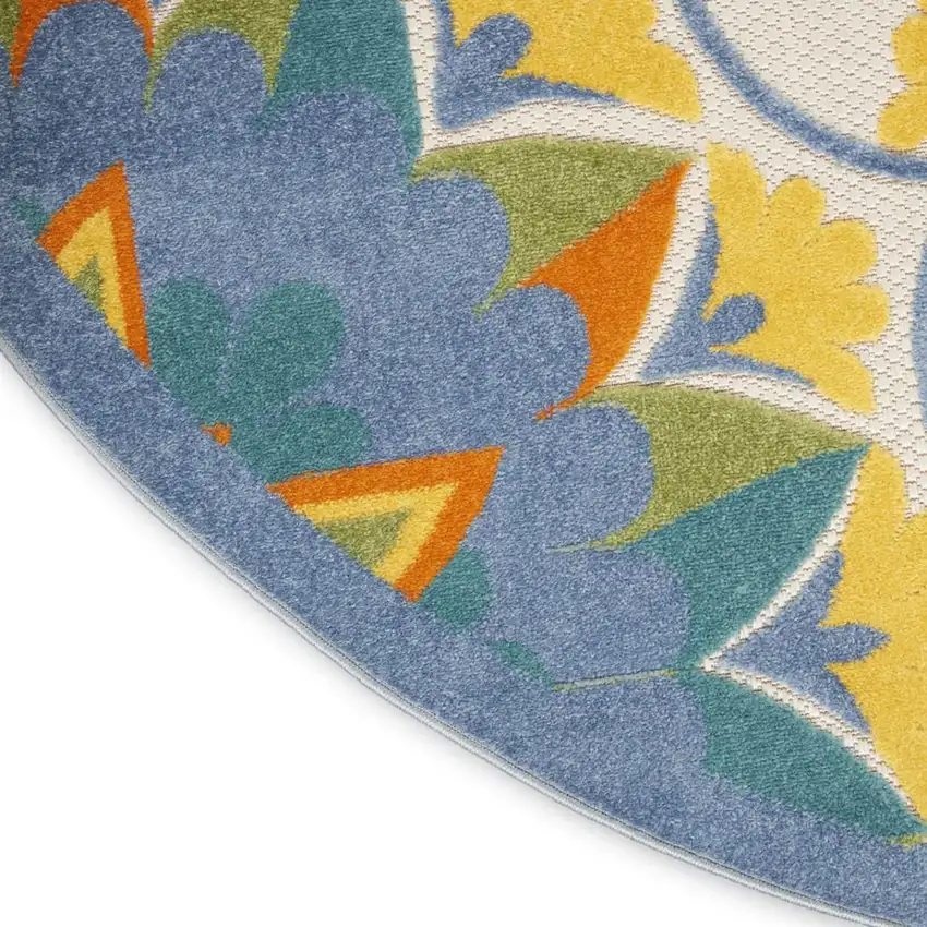 Ivory And Blue Round Floral Indoor Outdoor Area Rug Photo 9