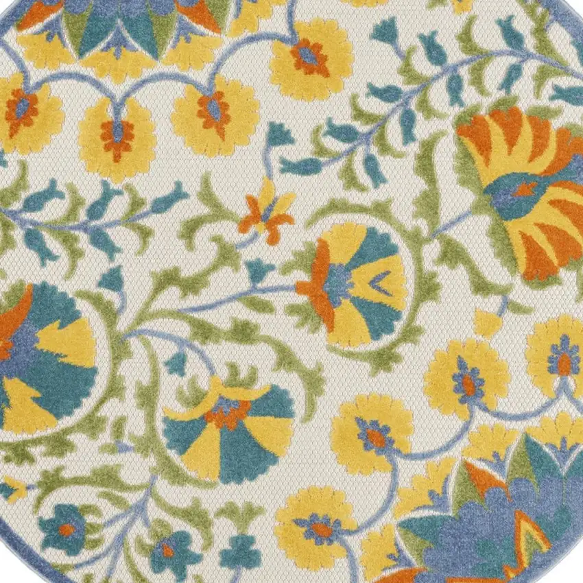 Ivory And Blue Round Floral Indoor Outdoor Area Rug Photo 8
