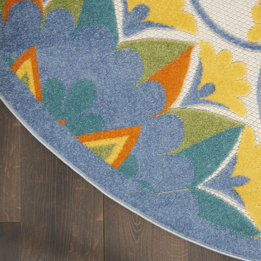 Ivory And Blue Round Floral Indoor Outdoor Area Rug Photo 6