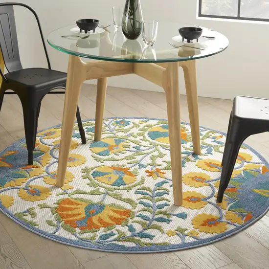 Ivory And Blue Round Floral Indoor Outdoor Area Rug Photo 7