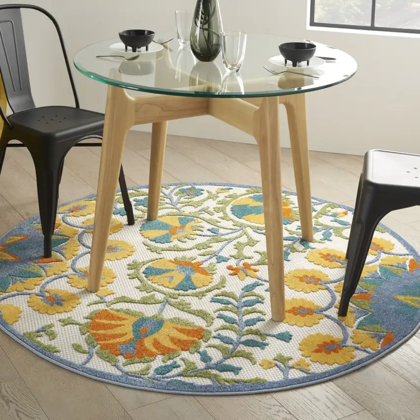 Ivory And Blue Round Floral Indoor Outdoor Area Rug Photo 7