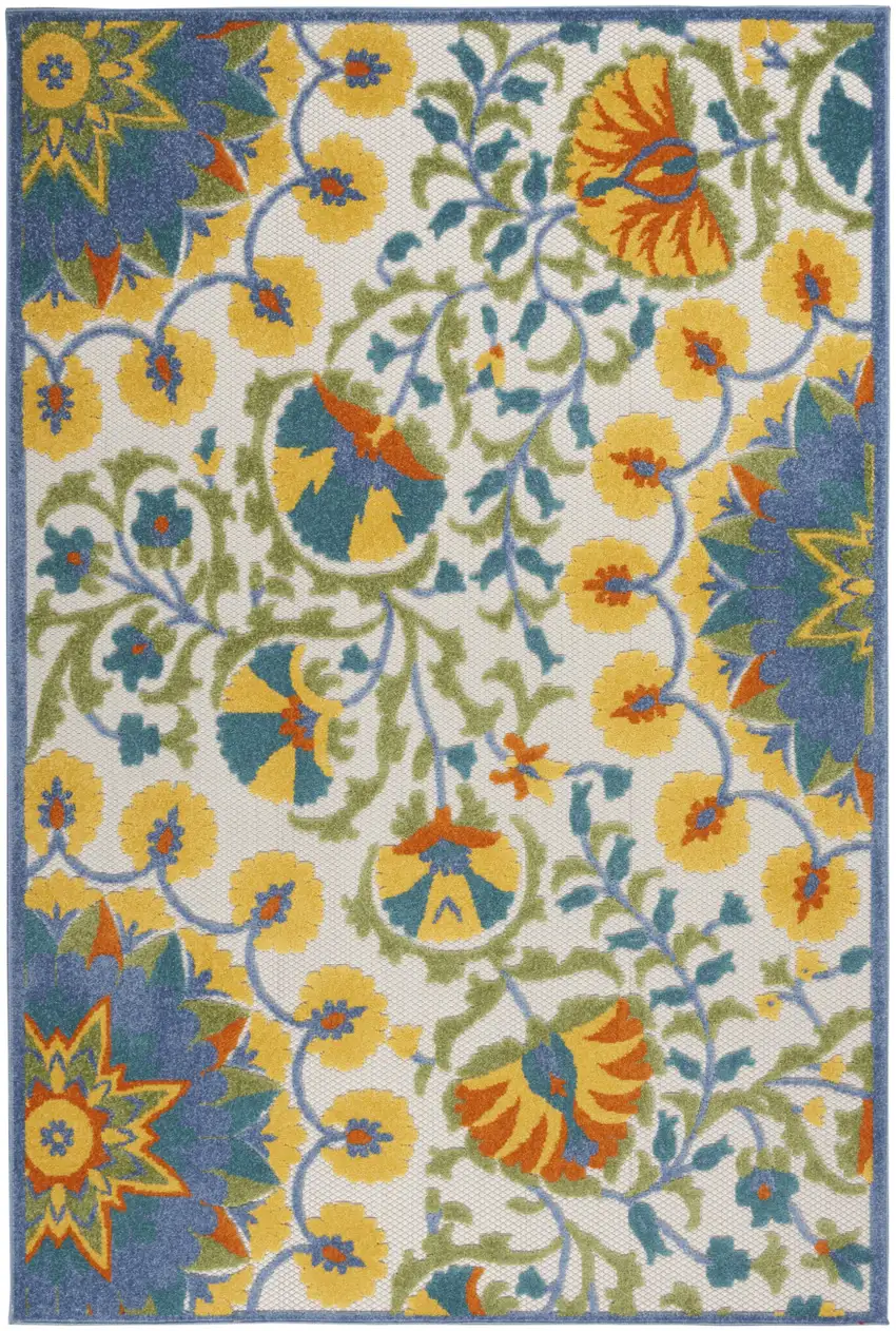 Ivory And Blue Floral Indoor Outdoor Area Rug Photo 5