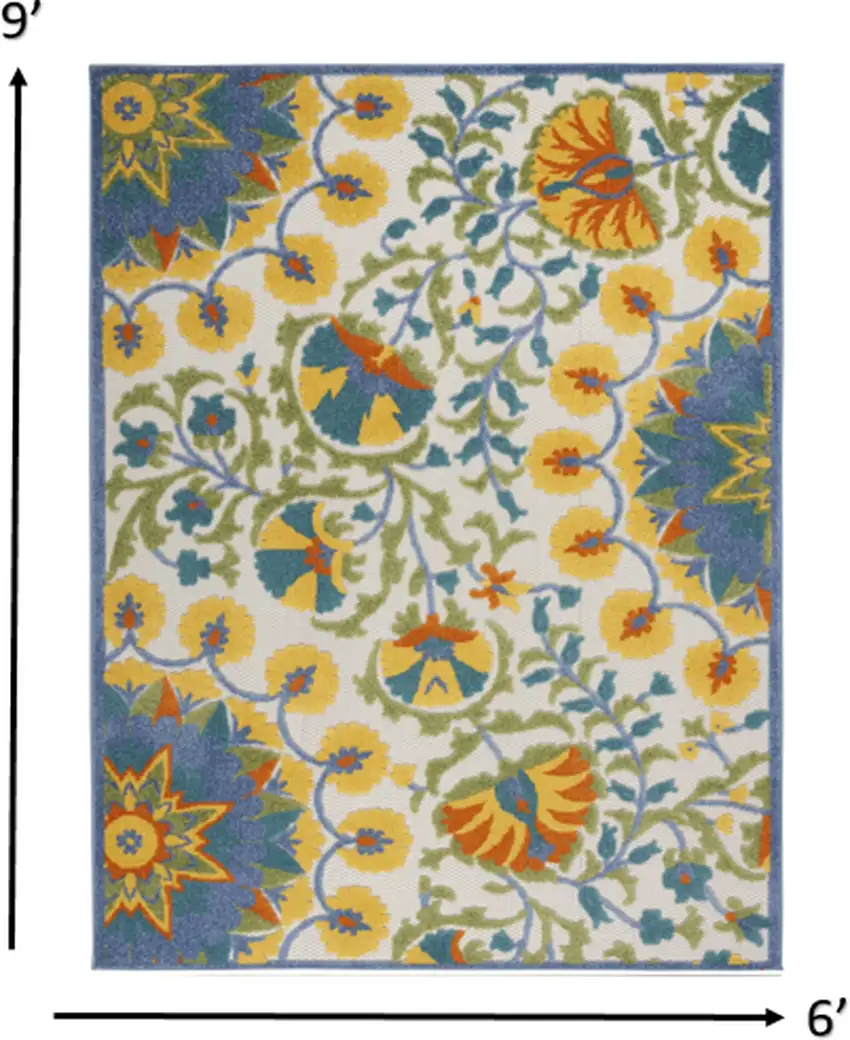 Ivory And Blue Floral Stain Resistant Indoor Outdoor Area Rug Photo 6