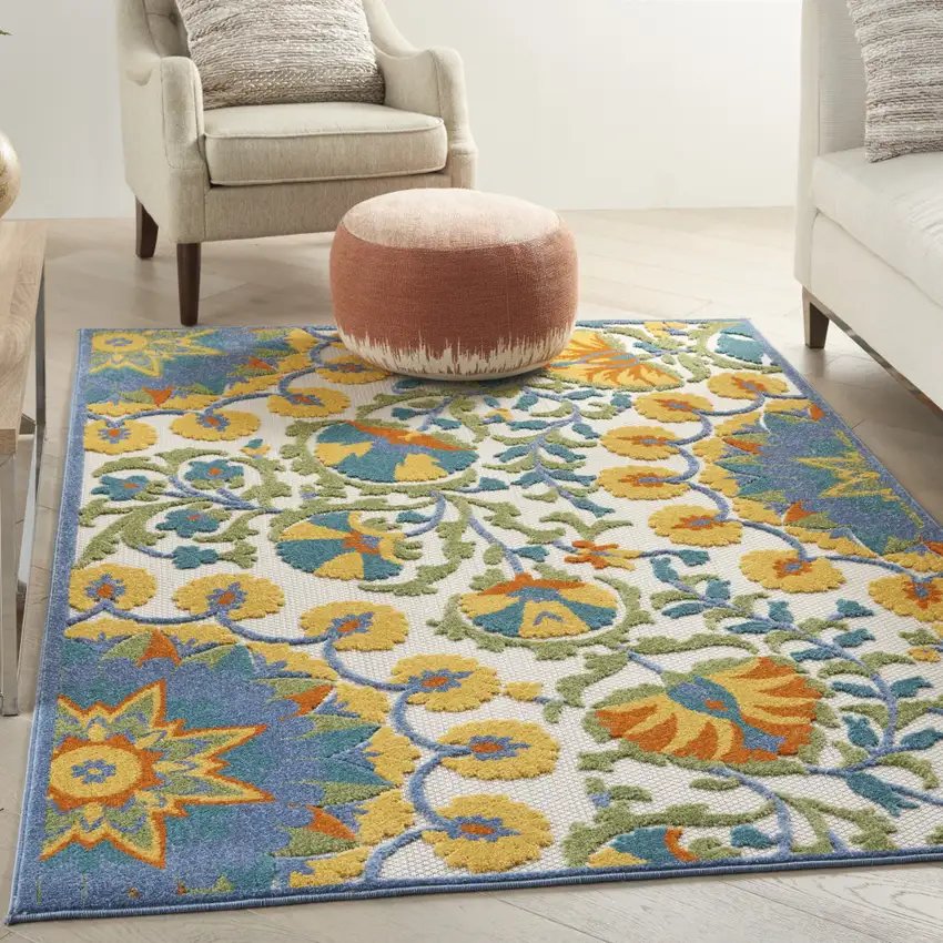Ivory And Blue Floral Stain Resistant Indoor Outdoor Area Rug Photo 8