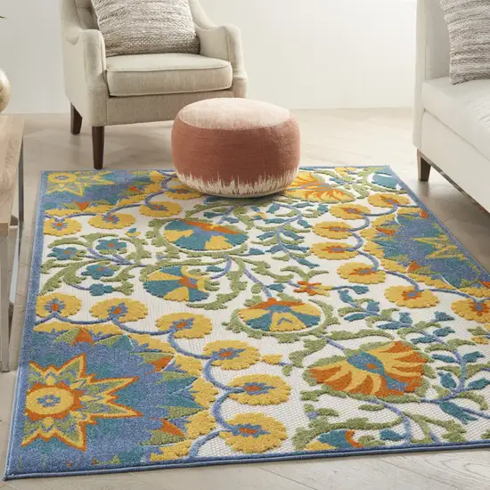 Ivory And Blue Floral Stain Resistant Indoor Outdoor Area Rug Photo 8