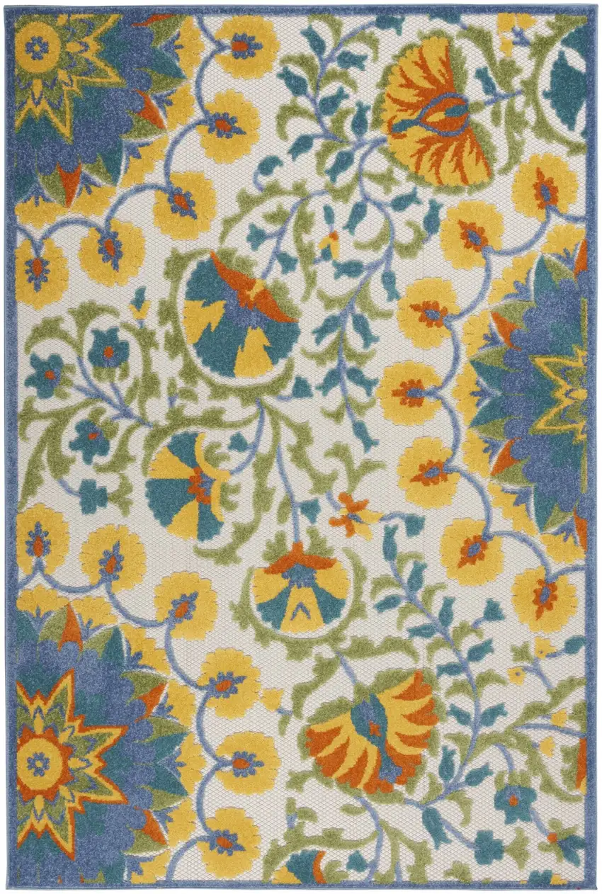 Ivory And Blue Floral Stain Resistant Indoor Outdoor Area Rug Photo 1