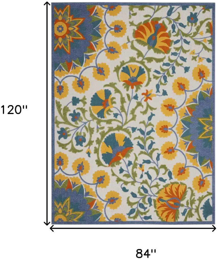 Ivory And Blue Floral Stain Resistant Indoor Outdoor Area Rug Photo 9
