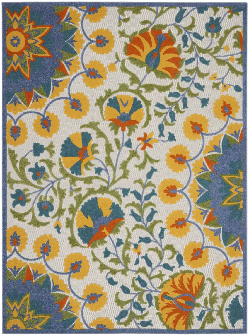 Ivory And Blue Floral Indoor Outdoor Area Rug Photo 5