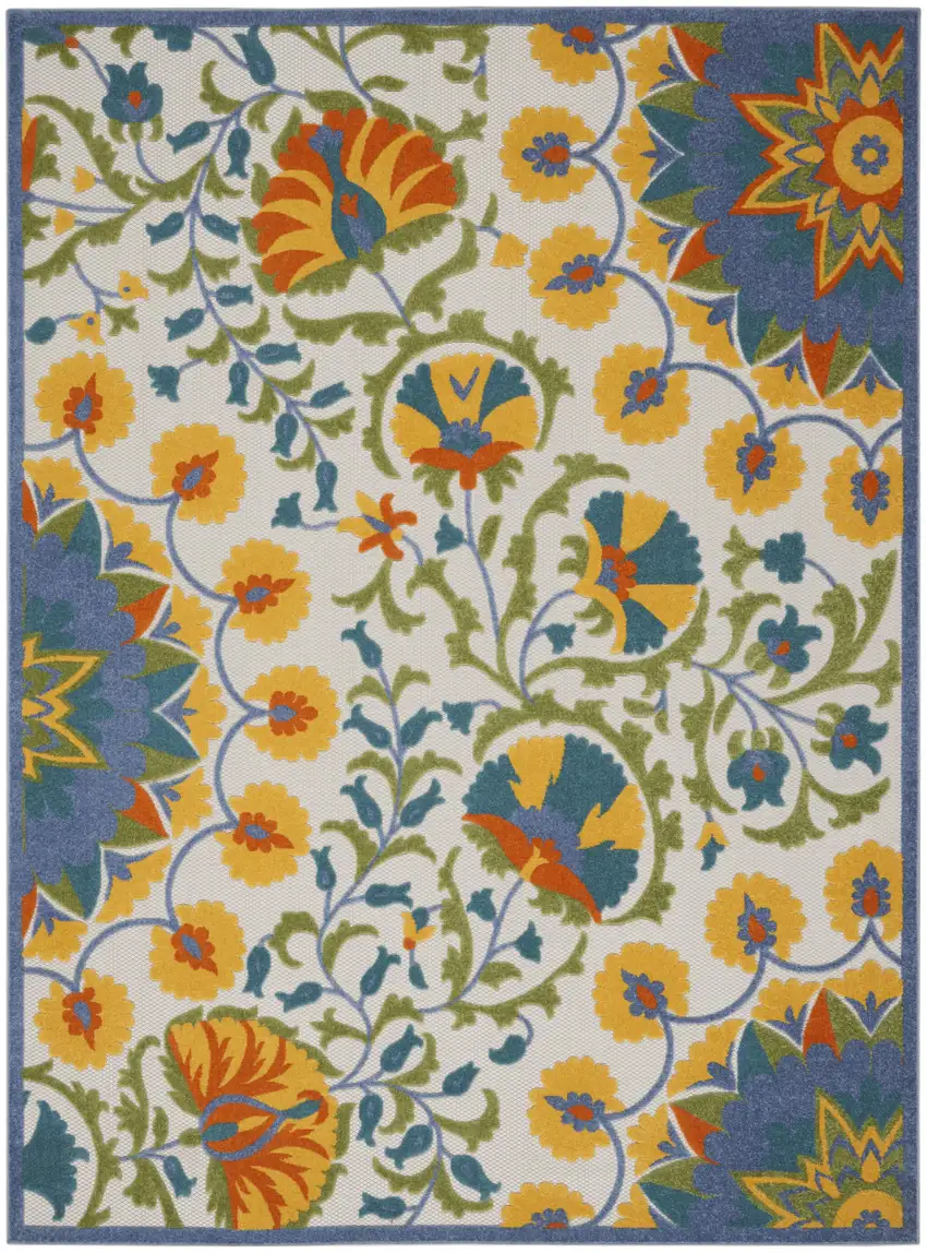 Ivory And Blue Floral Stain Resistant Indoor Outdoor Area Rug Photo 7