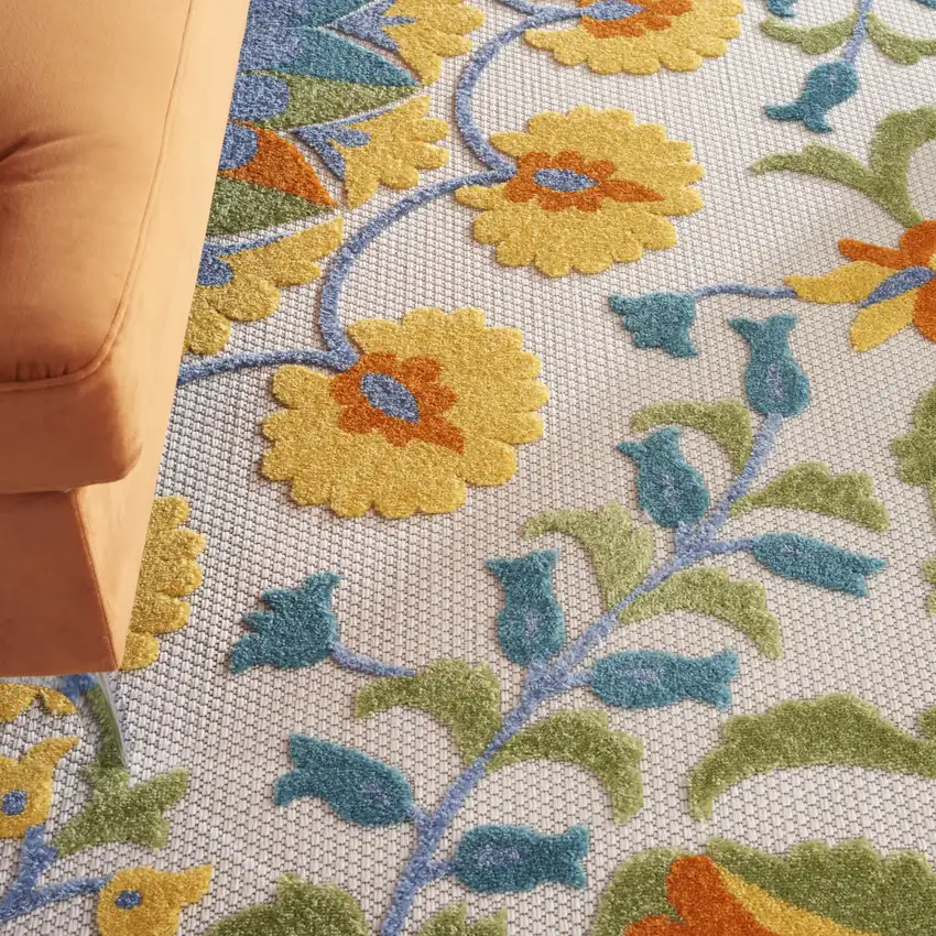 Ivory And Blue Floral Indoor Outdoor Area Rug Photo 8