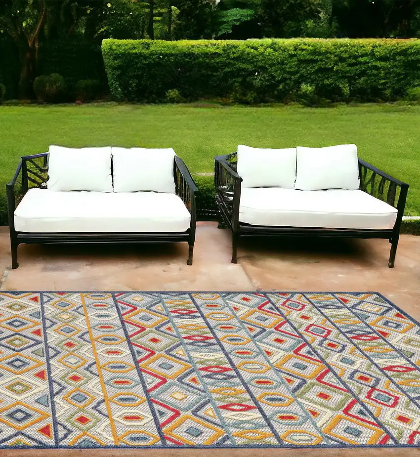Ivory And Blue Southwestern Stain Resistant Indoor Outdoor Area Rug Photo 1