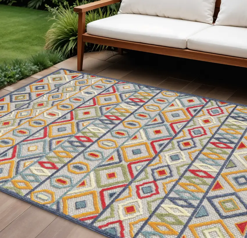 Ivory And Blue Southwestern Stain Resistant Indoor Outdoor Area Rug Photo 2