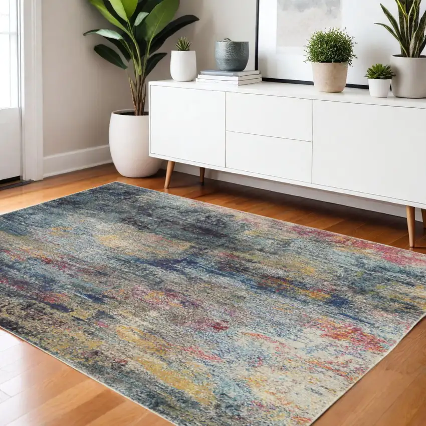 Blue And Ivory Abstract Distressed Area Rug Photo 1