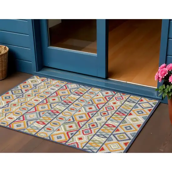 Ivory And Blue Southwestern Stain Resistant Indoor Outdoor Area Rug Photo 1