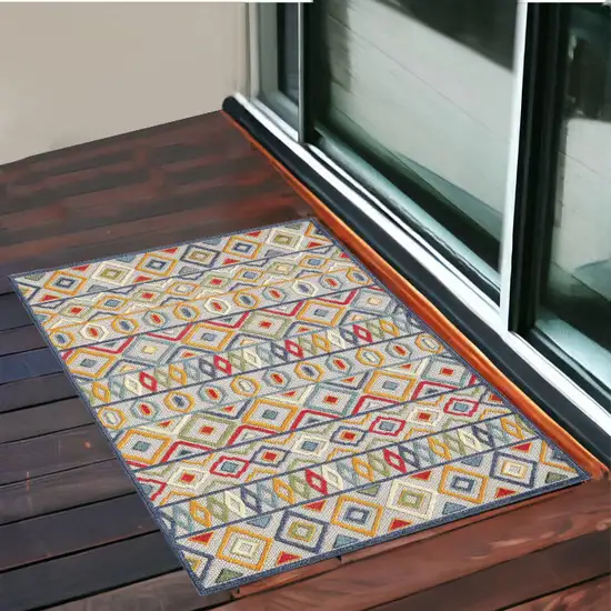 Ivory And Blue Southwestern Stain Resistant Indoor Outdoor Area Rug Photo 1