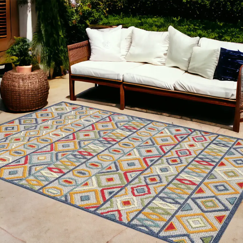 Ivory And Blue Southwestern Stain Resistant Indoor Outdoor Area Rug Photo 1