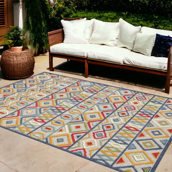 Ivory And Blue Southwestern Stain Resistant Indoor Outdoor Area Rug Photo 1
