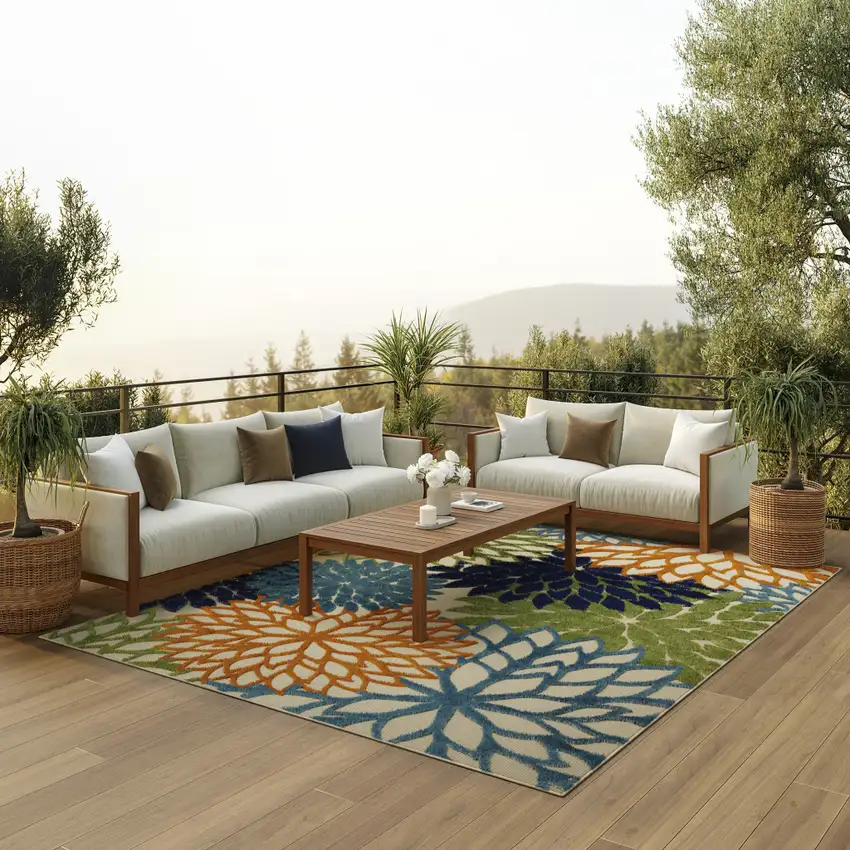 Ivory And Blue Floral Indoor Outdoor Area Rug Photo 4