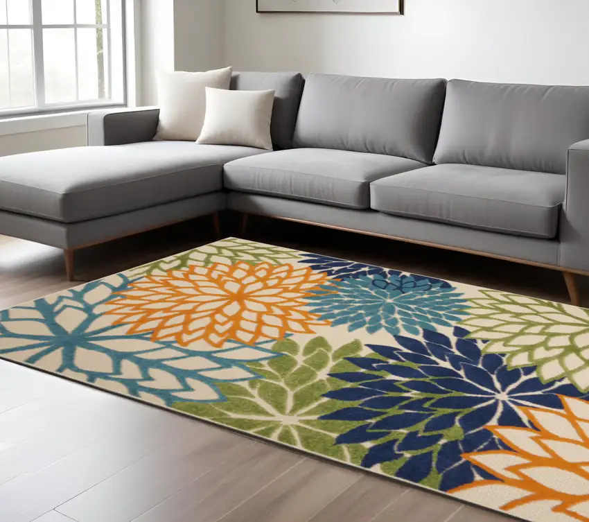 Ivory And Blue Floral Indoor Outdoor Area Rug Photo 1