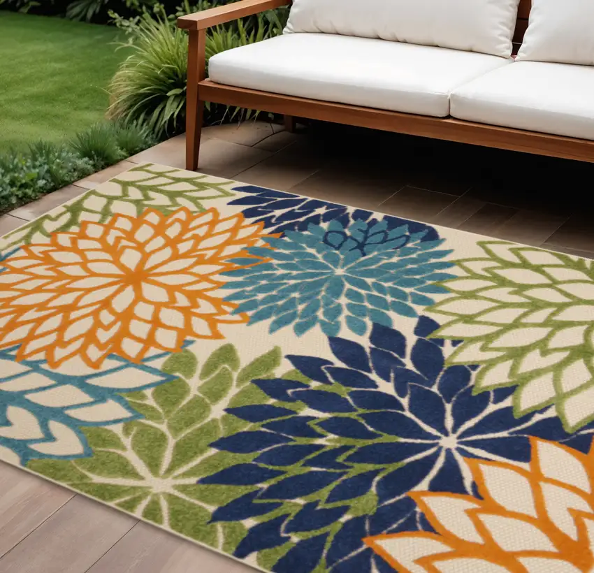 Ivory And Blue Floral Indoor Outdoor Area Rug Photo 2