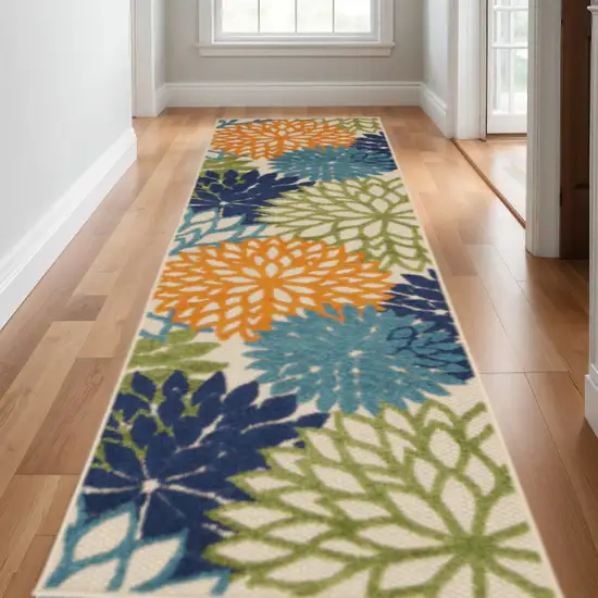 12' Ivory And Blue Floral Indoor Outdoor Runner Rug Photo 1
