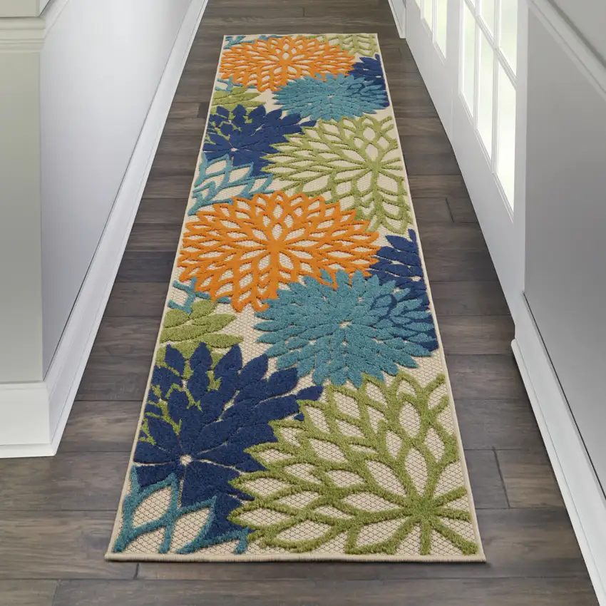 12' Ivory And Blue Floral Indoor Outdoor Runner Rug Photo 5