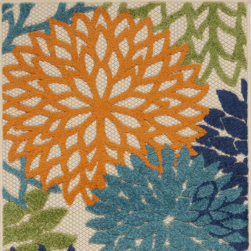 12' Ivory And Blue Floral Indoor Outdoor Runner Rug Photo 4