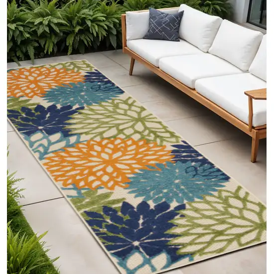 12' Ivory And Blue Floral Indoor Outdoor Runner Rug Photo 1