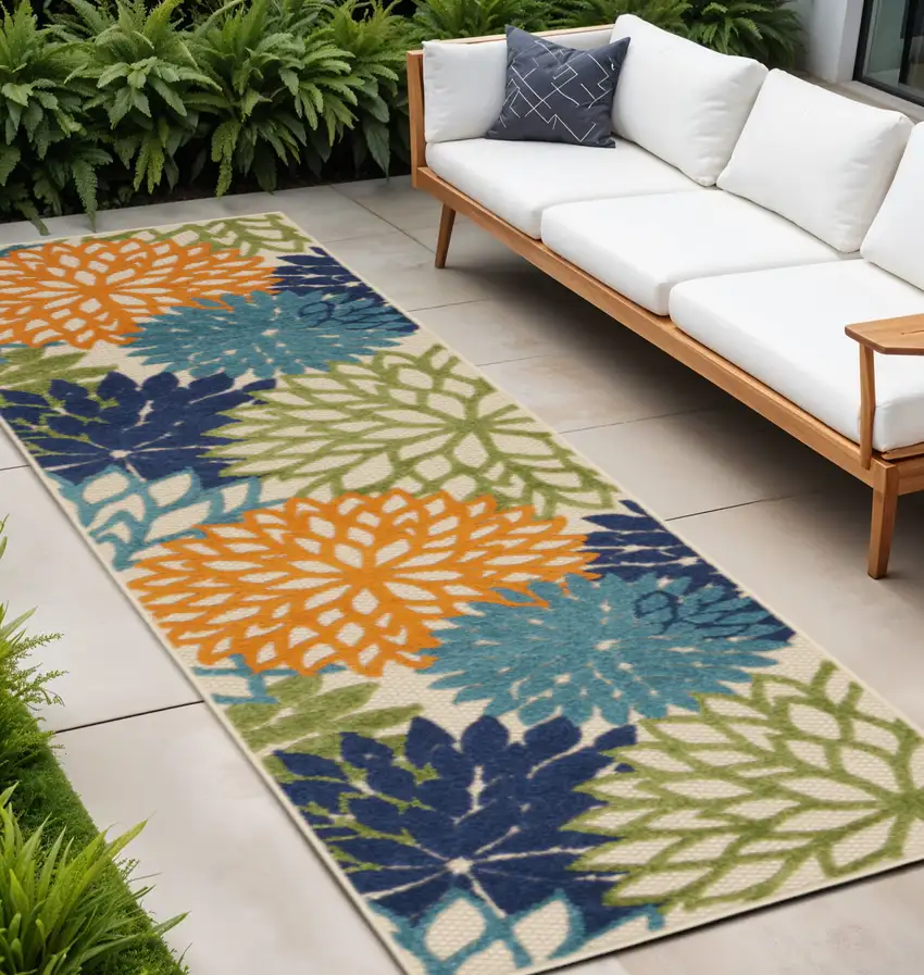 12' Ivory And Blue Floral Indoor Outdoor Runner Rug Photo 1