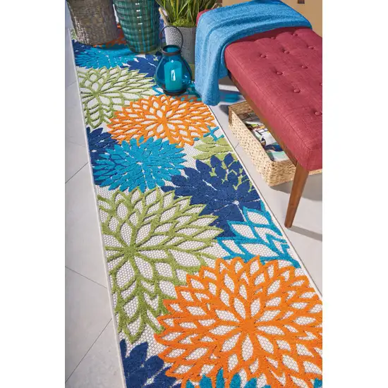 12' Ivory And Blue Floral Indoor Outdoor Runner Rug Photo 6