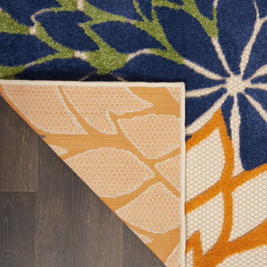 12' Ivory And Blue Floral Indoor Outdoor Runner Rug Photo 9