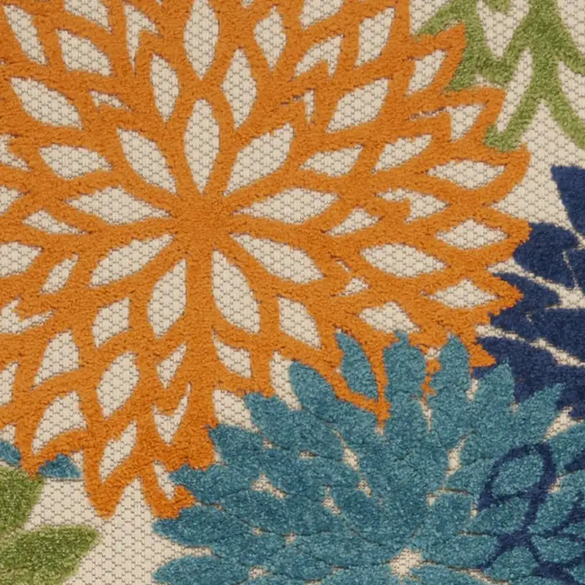 12' Ivory And Blue Floral Indoor Outdoor Runner Rug Photo 3