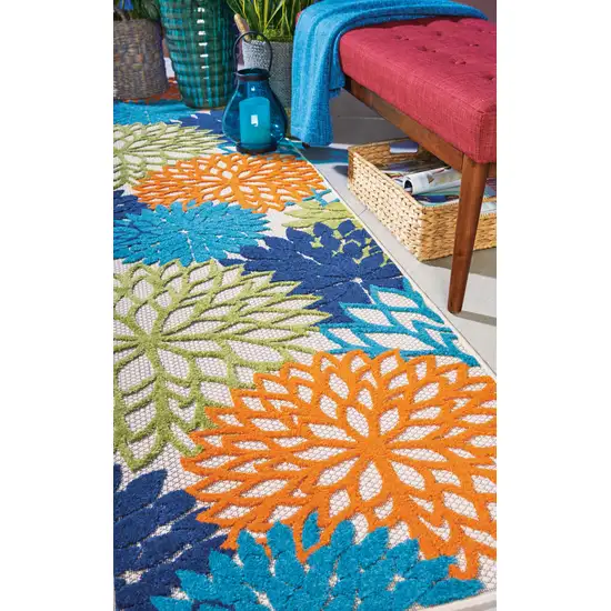 Ivory And Blue Floral Indoor Outdoor Runner Rug Photo 4