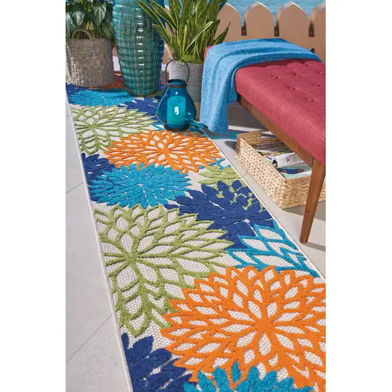 Ivory And Blue Floral Indoor Outdoor Runner Rug Photo 2