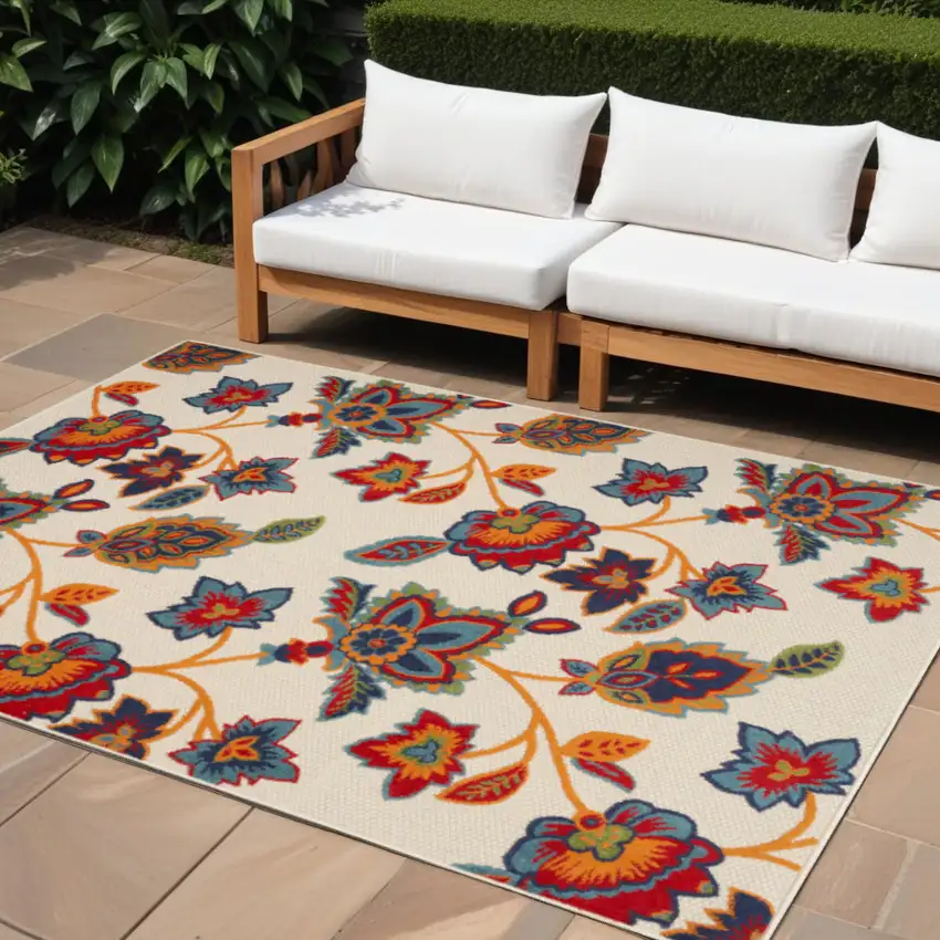 Gray Blue and Orange Floral Non Skid Indoor Outdoor Area Rug Photo 1