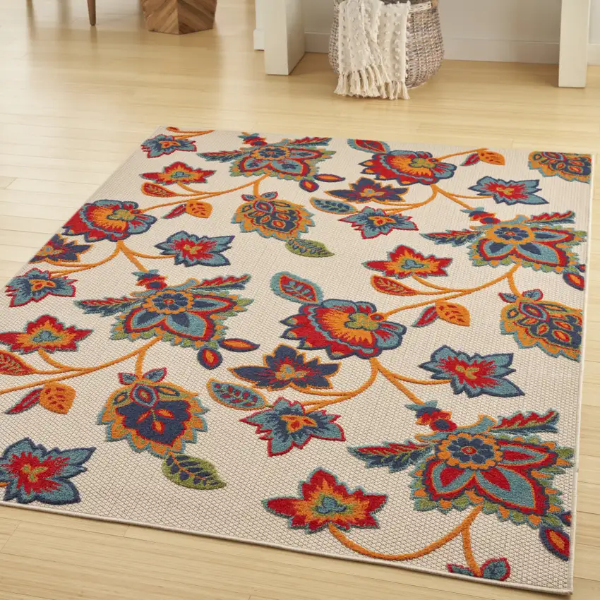 Gray Blue and Orange Floral Non Skid Indoor Outdoor Area Rug Photo 9