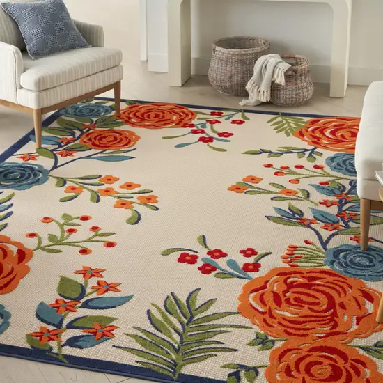 Ivory Blue and Orange Floral Non Skid Indoor Outdoor Area Rug Photo 9