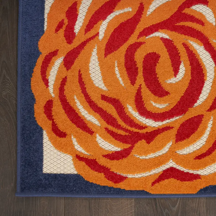 Ivory Blue and Orange Floral Non Skid Indoor Outdoor Area Rug Photo 4