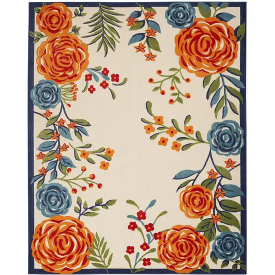 Ivory Blue and Orange Floral Non Skid Indoor Outdoor Area Rug Photo 1