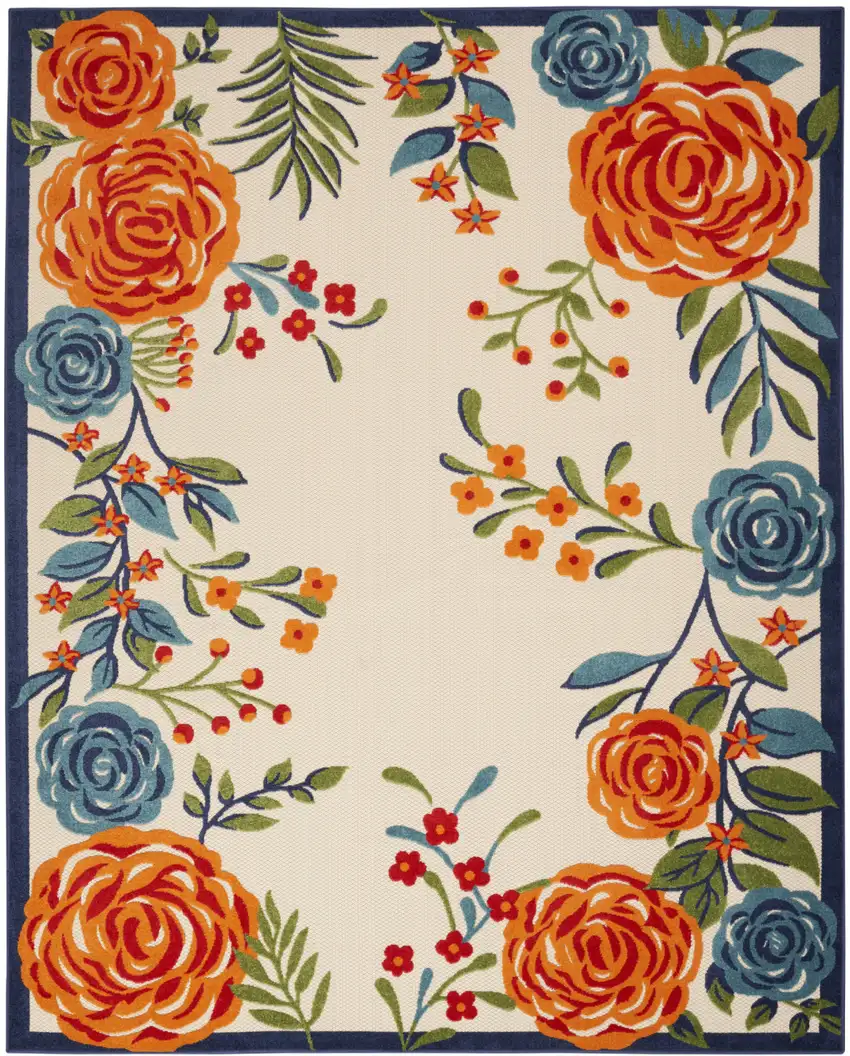 Ivory Blue and Orange Floral Non Skid Indoor Outdoor Area Rug Photo 1