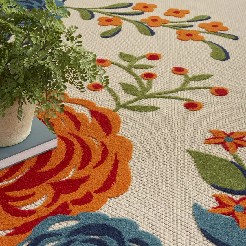 Ivory Blue and Orange Floral Non Skid Indoor Outdoor Area Rug Photo 9
