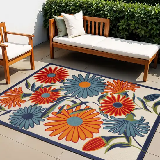 Ivory Blue and Orange Floral Non Skid Indoor Outdoor Area Rug Photo 1