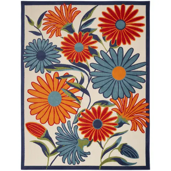 Ivory Blue and Orange Floral Non Skid Indoor Outdoor Area Rug Photo 1