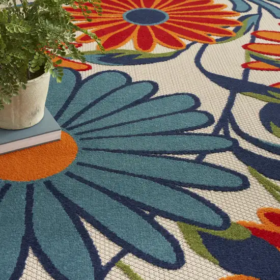 Ivory Blue and Orange Floral Non Skid Indoor Outdoor Area Rug Photo 7