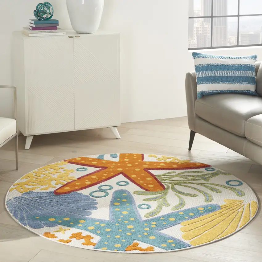 Yellow And Ivory Round Indoor Outdoor Area Rug Photo 9