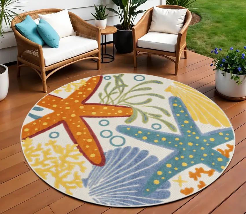 8' Yellow And Ivory Round Indoor Outdoor Area Rug Photo 2