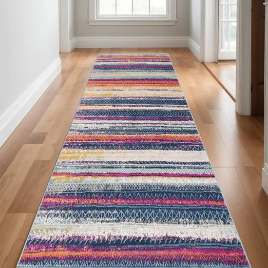 10' Blue And Ivory Striped Runner Rug Photo 1