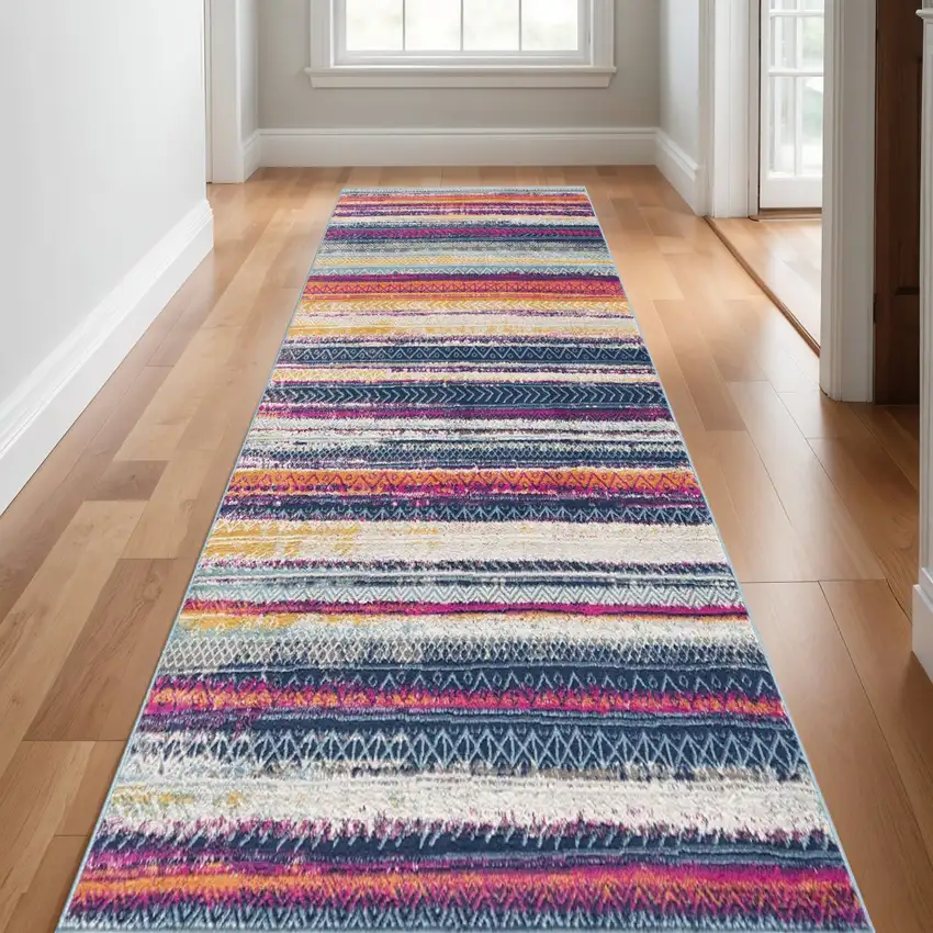 10' Blue And Ivory Striped Runner Rug Photo 1